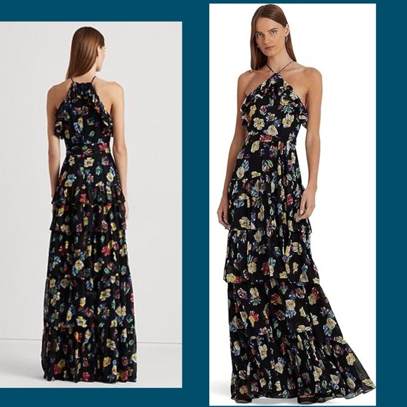 Lauren x Ralph Lauren $295 Dress Floral Georgette Halter Gown Maxi Dress - Picture 7 of 7